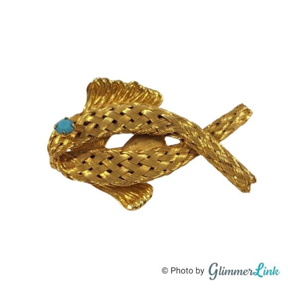 Vintage Modernist Fish Brooch – Woven Gold Tone Figural Pin Teal Rhinestone Eye - Picture 1 of 6